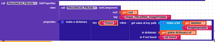 A block-based programming code snippet that sets properties for a RecyclerList component by getting an image product value from a global dictionary list and assigning it to a 'Picture' key in a dictionary. (Captioned by AI)