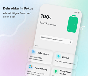 A smartphone screen displays a battery management app showing a fully charged battery at 100% and detailed usage statistics in German. (Captioned by AI)