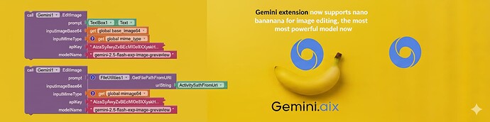 The image shows a code snippet for Gemini.ai's image editing extension using the nano banana model, accompanied by a graphic of the Gemini.ai logo and a banana, highlighting its powerful new capabilities. (Captioned by AI)