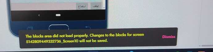 A computer screen displays an error message stating that the blocks area did not load properly and changes will not be saved, with an option to dismiss the message. (Captioned by AI)