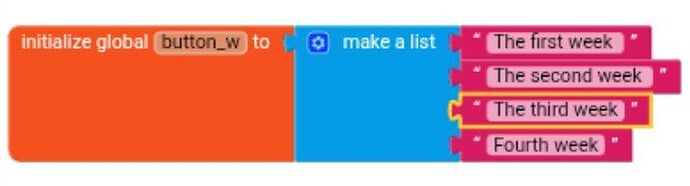 The image shows a visual programming block that initializes a global variable named 'button_w' with a list containing the strings "The first week", "The second week", "The third week", and "Fourth week". (Captioned by AI)
