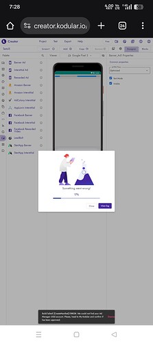 A mobile phone screen displaying a Kodular creator interface with a loading popup showing an illustration of two people and a message saying 'Something went wrong' along with a 'Skip this' button. (Captioned by AI)