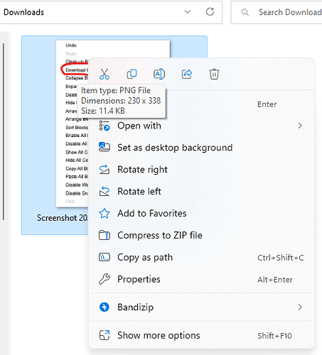 A screenshot of a Windows file explorer showing a right-click context menu for a PNG file named 'Screenshot 20...' with options like Open with, Set as desktop background, Rotate right, Rotate left, and Compress to ZIP file. (Captioned by AI)