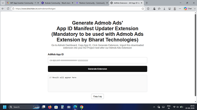 A webpage displaying a tool for generating Admob Ads' App ID Manifest Updater Extension, with input and button fields, instructions, and a browser interface visible at the top. (Captioned by AI)