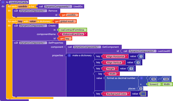 A block-based programming script that loops through a list of user IDs to create and configure dynamic card views with specified alignment, size, and background color properties. (Captioned by AI)