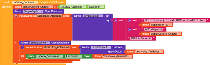 A colorful block-based programming script that initializes and queries a SQLite database to display verses related to a selected chapter in a list view. (Captioned by AI)