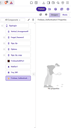 A screenshot of a software interface showing a list of components on the left side and a properties panel on the right side, with no properties displayed for the selected component named Firebase_Authentication1. (Captioned by AI)