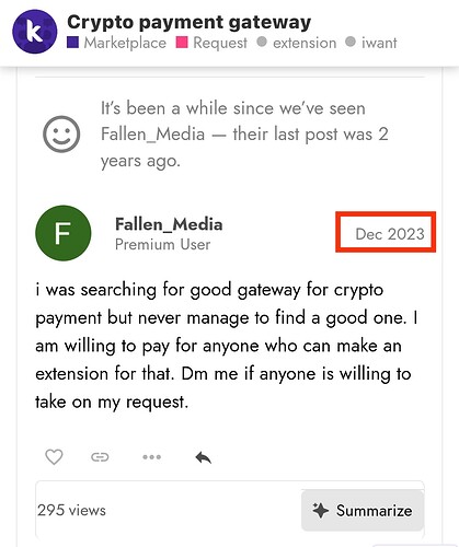 A user named Fallen_Media is requesting assistance in finding or creating a good crypto payment gateway solution, mentioning willingness to pay for help, with the post dated December 2023. (Captioned by AI)