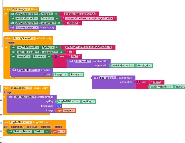 This image shows a visual programming interface with color-coded blocks representing code for handling image upload and processing events. (Captioned by AI)