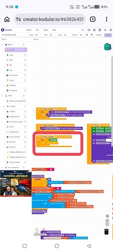 A screenshot of a block-based coding interface with various colorful code blocks arranged vertically and a small inset advertisement at the bottom left corner. (Captioned by AI)