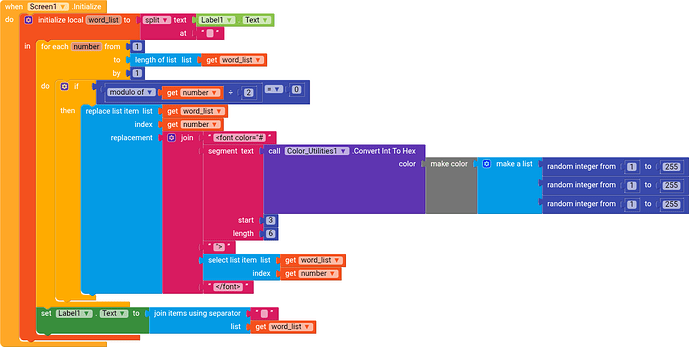 A colorful block-based coding interface showing a script that processes a list of text items, replaces elements with colored segments, and joins them using a separator while setting labels accordingly. (Captioned by AI)