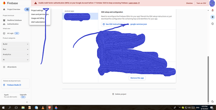 The image shows a Firebase project dashboard with an error message indicating the failure to install the multi-factor authentication APK on an Android test device, along with navigation options on the left sidebar. (Captioned by AI)