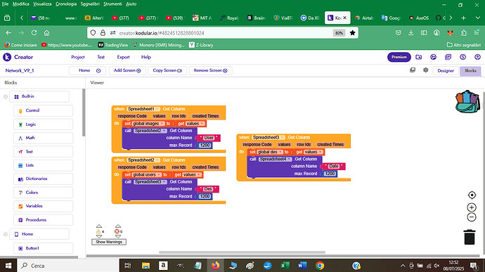 A screenshot of a block coding interface in Scratch showing three sets of nested orange and purple code blocks on a white background with a user interface containing menus and toolbars at the top and sides. (Captioned by AI)