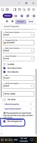 The image shows a software interface with screen properties settings including animation options, navigation bar color set to orange (#FF6A00FF), screen orientation, visibility options for status bar, options menu, navigation bar, and font settings for the title bar. (Captioned by AI)
