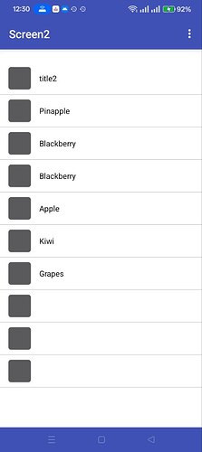 The image shows a mobile app screen titled 'Screen2' with a list of fruit names including Pineapple, Blackberry (listed twice), Apple, Kiwi, and Grapes, each accompanied by a grey square icon. (Captioned by AI)