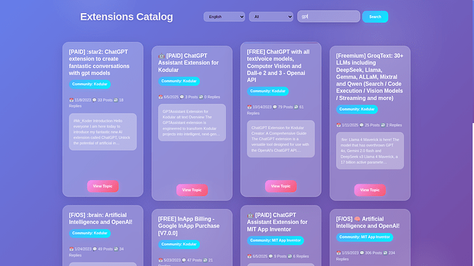 The image displays an Extensions Catalog webpage featuring various AI-related tools and plugins, each with a brief description, ratings, and user reviews, arranged in a grid layout. (Captioned by AI)