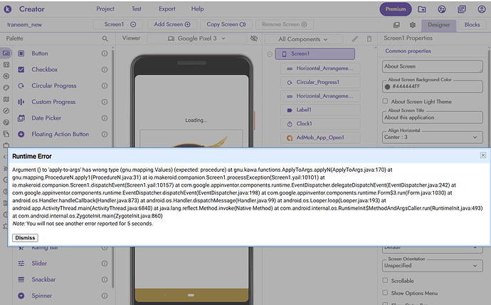 The image shows a software development environment with a runtime error dialog displaying a Java exception related to PNG image loading, alongside a mobile device emulator displaying a loading screen. (Captioned by AI)