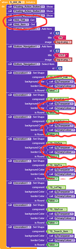 A colourful block-based programming interface showing a sequence of Initialise and Get calls with multiple Decoration1 components having transparent backgrounds and primary colour borders, alongside navigation and image handling functions. (Captioned by AI)