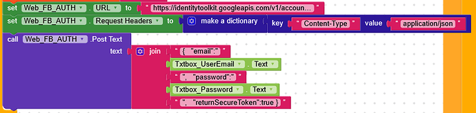 A block-based programming script sets a URL and request headers, then posts JSON text containing email, password, and a secure token request using user input from text boxes. (Captioned by AI)