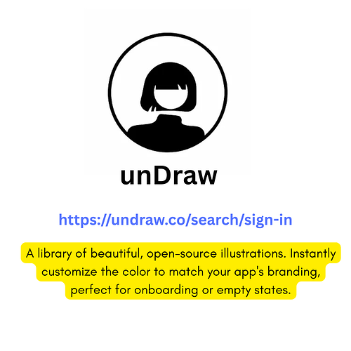 The image includes the unDraw logo, a URL for sign-in, and a highlighted description stating it is a library of beautiful, open-source illustrations that can be customized for app branding, onboarding, or empty states. (Captioned by AI)