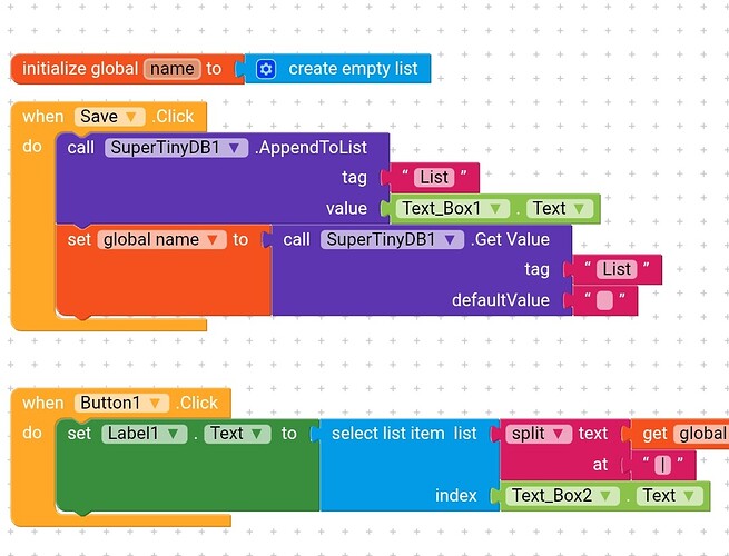 The image shows a block-based programming interface with code blocks that manipulate lists and update label text based on button clicks. (Captioned by AI)
