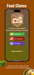A mobile app screen titled 'Food Choice' welcomes users to Choose Flavorites, offering options to select dietary preferences including 'Not Vegetarian', 'Vegetarian', and 'Everything', with a green button to browse food choices based on preferences. (Captioned by AI)