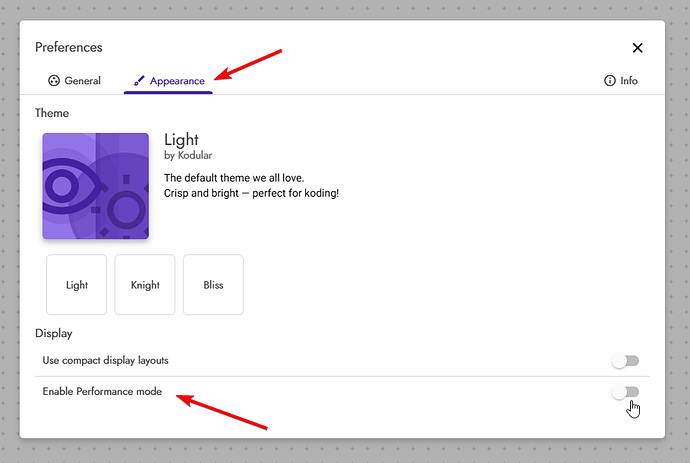 A software preferences window showing the Appearance tab with theme options and a toggle to enable Performance mode. (Captioned by AI)