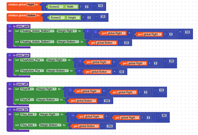 A visual programming interface with blocks for initializing global variables and setting component margins based on screen dimensions. (Captioned by AI)