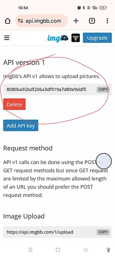 A mobile screen displays the API version 1 page of imgBGB.com with an API key entered, options to delete or add the API key, a description of request methods, and an image upload section. (Captioned by AI)