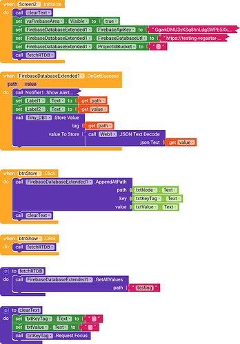 A visual programming interface displaying blocks for setting up Firebase database connections, reading and writing data paths, handling button clicks, and updating UI elements with database values. (Captioned by AI)