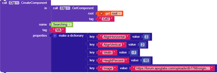 A visual programming block setup defining a component with specific alignment, size, and image URL properties. (Captioned by AI)
