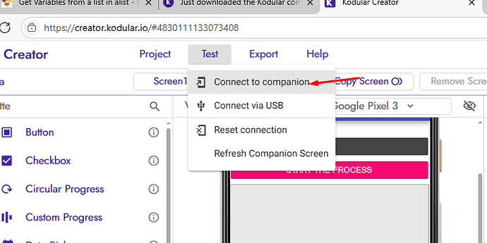The image shows a dropdown menu under the 'Test' tab in the Kodular Creator interface, with the option 'Connect to companion' highlighted by a red arrow. (Captioned by AI)