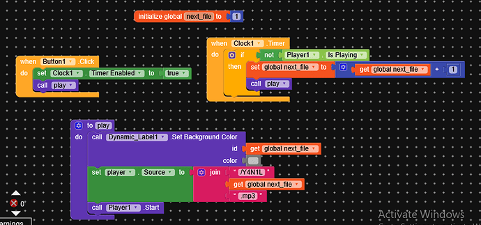 A screenshot of a block-based programming interface showing code to play audio files sequentially using a timer and button click events. (Captioned by AI)