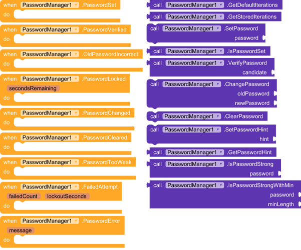 The image shows a block-based coding interface with events and functions related to password management, including setting, verifying, changing, clearing passwords, handling password strength, errors, and lockouts. (Captioned by AI)