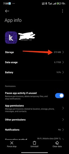 A smartphone screen displaying the app info for an application named 'k', showing storage usage at 29.79 MB, data usage, battery usage, and various app permissions with an active toggle for pausing app activity when unused. (Captioned by AI)