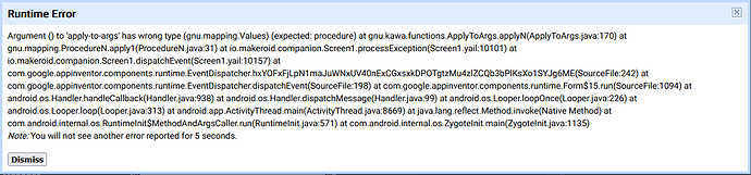 An error message window displaying a runtime error related to a wrong argument type in a software application, with detailed technical information and a 'Dismiss' button at the bottom left. (Captioned by AI)