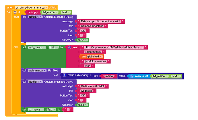 A block-based visual programming script that validates input, updates a Firebase database with product brand data, and displays corresponding success or error messages. (Captioned by AI)