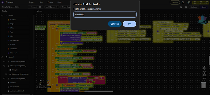 A screenshot of a visual programming interface with multiple colourful code blocks and a search popup window asking to highlight blocks containing the term 'checkBox'. (Captioned by AI)