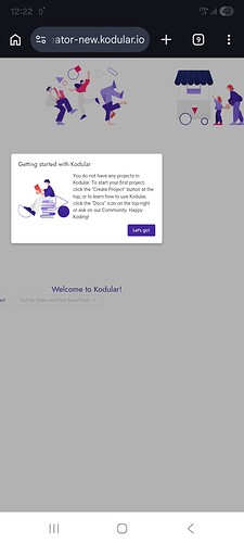A screenshot of a welcome page on Kodular with a pop-up tutorial message about getting started. (Captioned by AI)