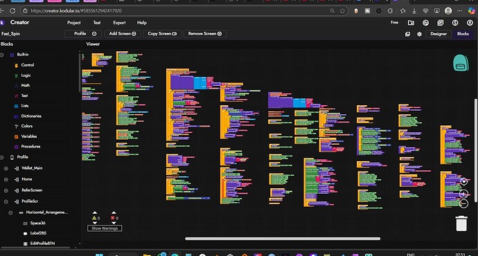 A complex flowchart or node-based visual programming interface with numerous interconnected coloured blocks arranged across multiple columns on a dark background. (Captioned by AI)