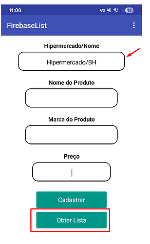 A mobile app interface for FirebaseList with fields for supermarket name, product name, product brand, price, and buttons labelled 'Cadastrar' and 'Obter Lista'. (Captioned by AI)