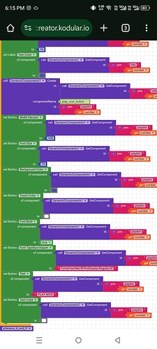 The image displays a mobile phone screen showing a block-based coding interface with blocks in green, purple, and red arranged vertically, indicating a program or script being edited or created. (Captioned by AI)