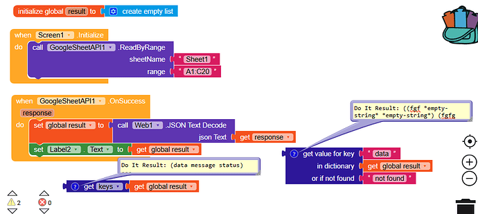 A block-based programming interface showing code that initializes a global list, reads a range from a Google Sheet, processes JSON text from a web component response, and updates a label with the retrieved data or status message. (Captioned by AI)