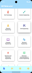 A smartphone screen displays an app interface titled "RITdroid" with nine buttons for different engineering disciplines organized in a grid layout. (Captioned by AI)