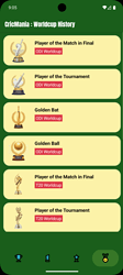 The image is a mobile app screen titled 'Cricket Mania: Worldcup History' displaying various cricket awards, including Player of the Match in Final, Player of the Tournament, and Golden Ball for both ODI and T20 Worldcups, with a green background and navigation bar at the bottom. (Captioned by AI)