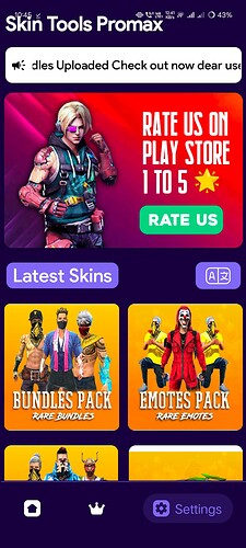The image shows a mobile app interface named "Skin Tools Promax" displaying options to rate the app and download bundles and emotes packs for a game. (Captioned by AI)