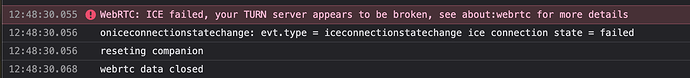 A console error message indicating WebRTC ICE failure due to a broken TURN server, followed by state changes and closure of WebRTC data connection. (Captioned by AI)