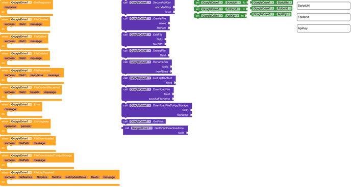 A visual programming interface with multiple connected blocks in orange, purple, and green colors arranged on a green background. (Captioned by AI)