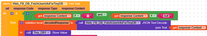 A block-based programming code snippet handling a web response by checking its content, decoding JSON, and storing the result in a local database. (Captioned by AI)