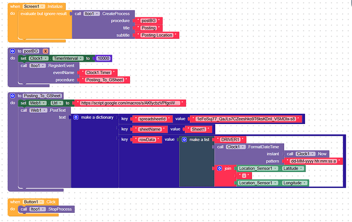 The image shows a block-based programming interface with blocks defining procedures for creating a quiz result, registering events for a button click, and handling form data in a scrollable layout. (Captioned by AI)